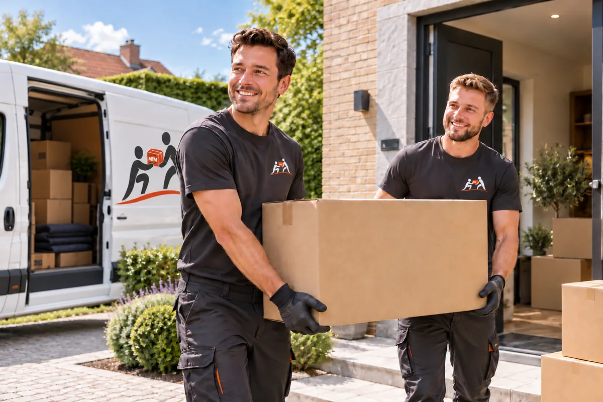 Twee medewerkers van MTM Solutions dragen samen een verhuisdoos naar een woning, met de open bestelwagen op de achtergrond.