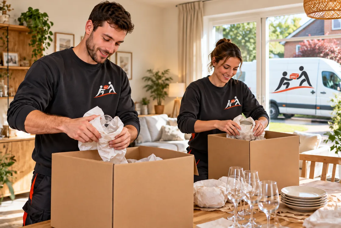 Twee medewerkers wikkelen glazen en servies zorgvuldig in papier en pakken ze in verhuisdozen.