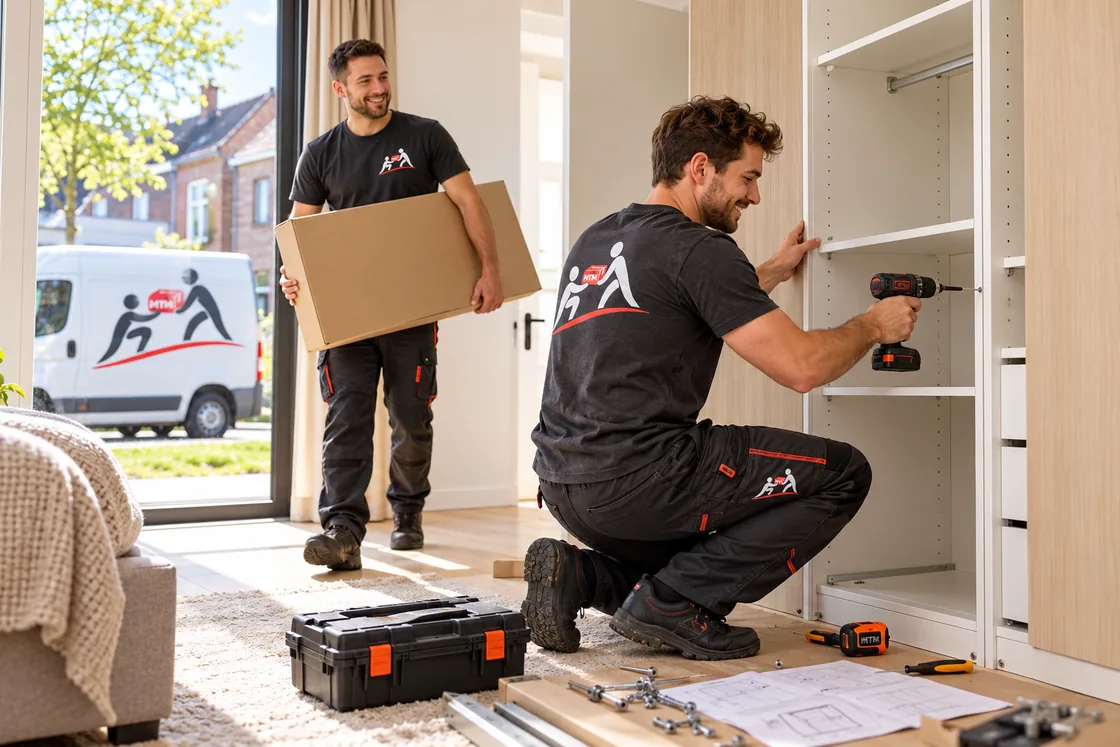 Een medewerker schroeft een kast in elkaar terwijl een collega een verpakt meubelpakket binnendraagt.