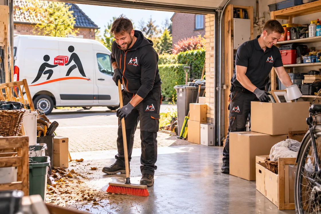 Een medewerker veegt de vloer van een garage aan terwijl een collega spullen in dozen sorteert.