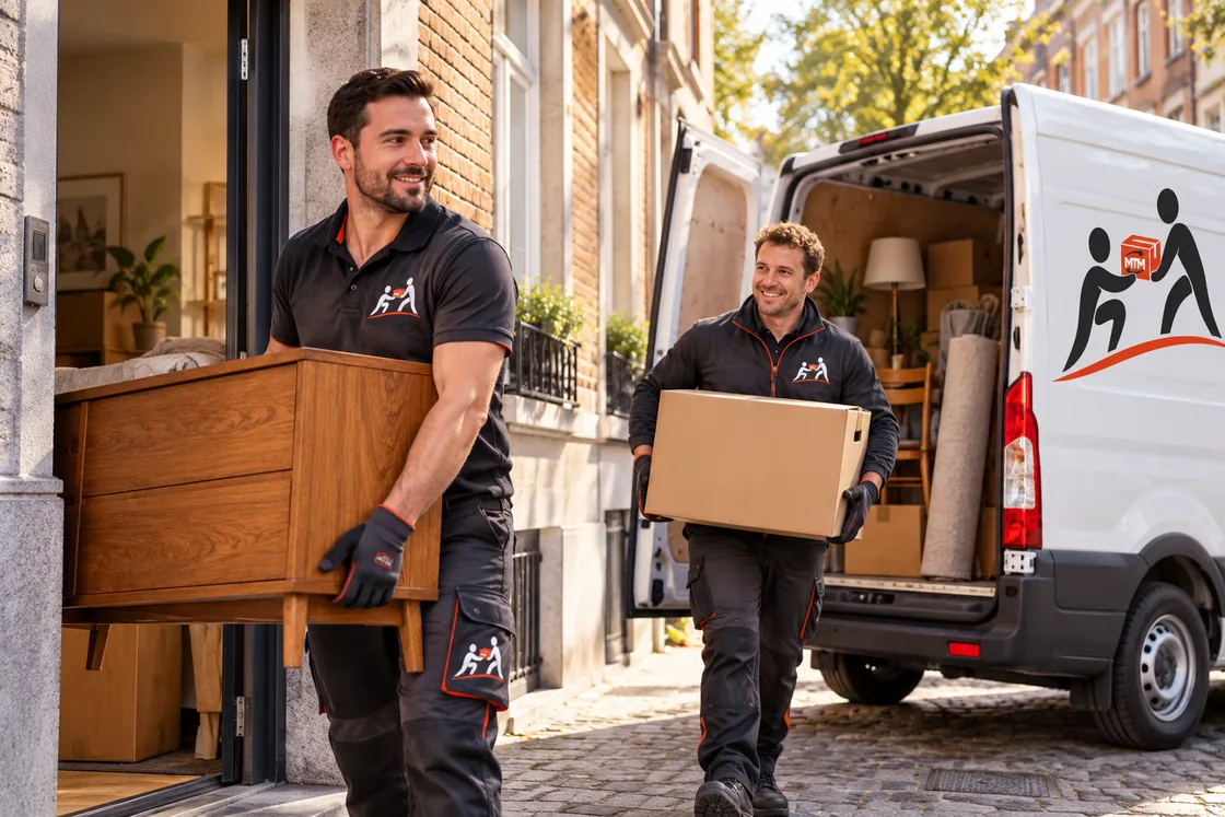 Twee medewerkers dragen een houten kast en een doos uit een woning naar de geladen bestelwagen.